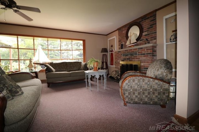 living room featuring carpet flooring, ceiling fan, and a fireplace