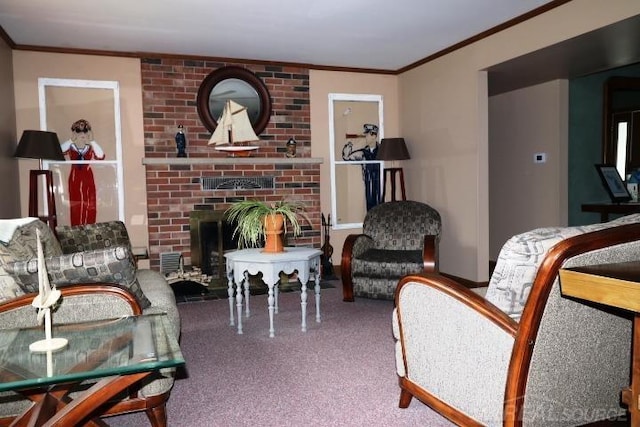 living room with ornamental molding, a fireplace, and carpet flooring