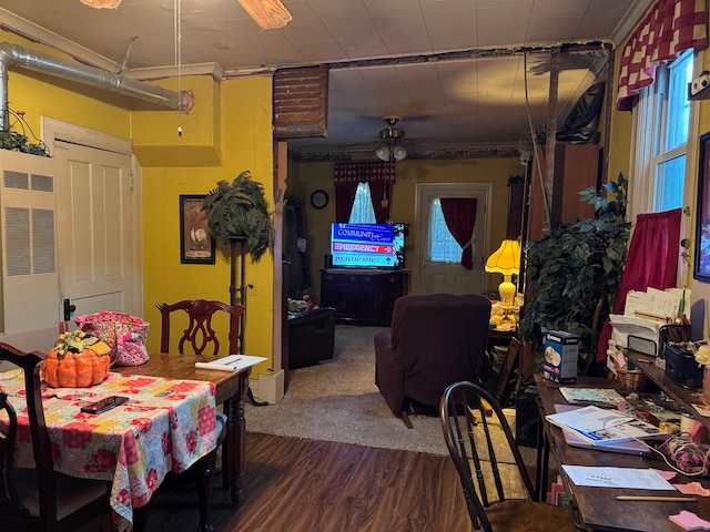 dining room with ceiling fan, crown molding, and dark wood-type flooring