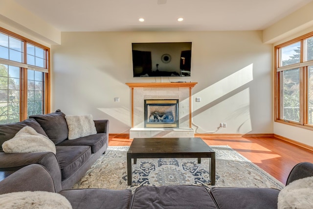 living room with light hardwood / wood-style flooring and a tile fireplace