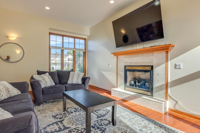 living room featuring a fireplace and hardwood / wood-style flooring