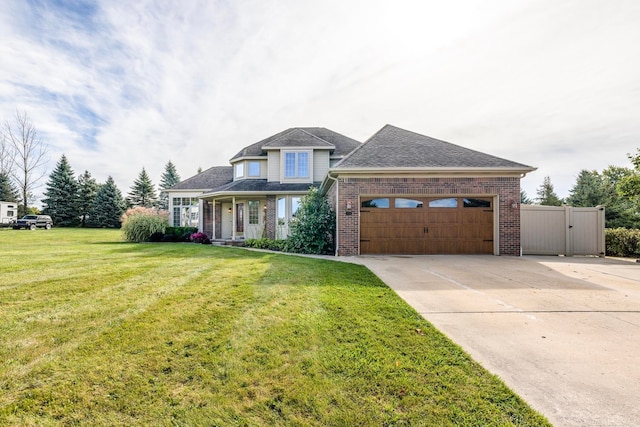 view of front of property featuring a garage, a front lawn, and covered porch