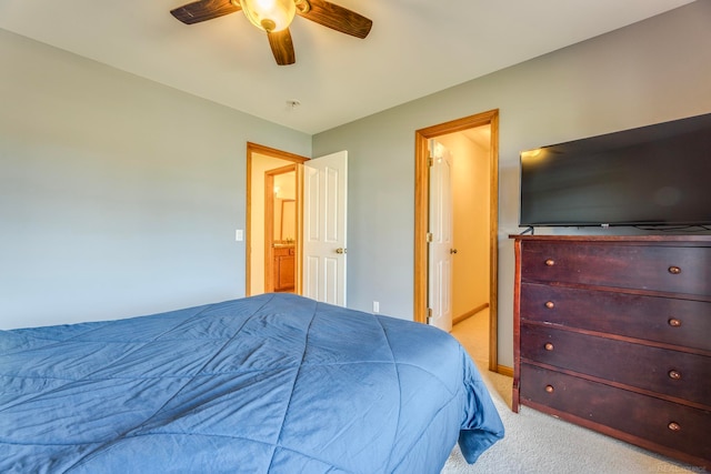 bedroom featuring ceiling fan and light colored carpet