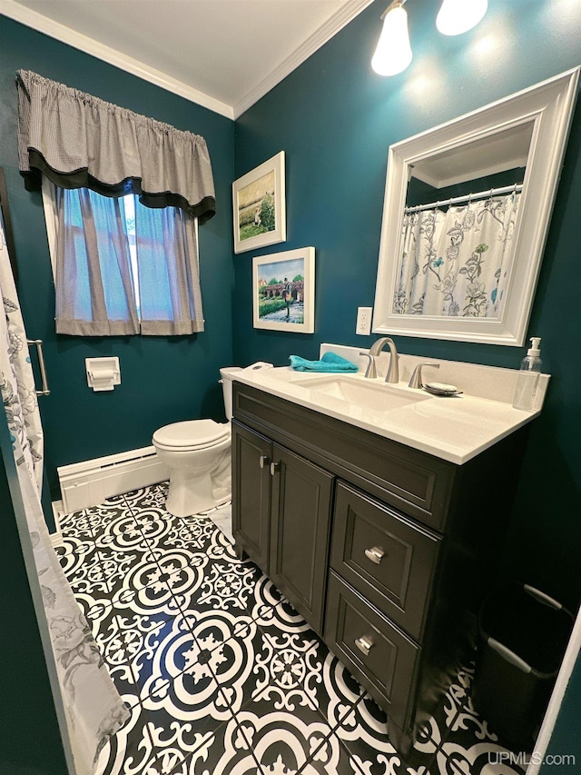 bathroom featuring baseboard heating, tile patterned floors, ornamental molding, vanity, and toilet