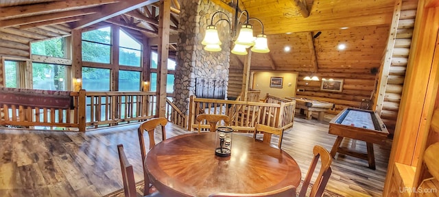 dining space featuring log walls, a stone fireplace, wooden ceiling, wood-type flooring, and an inviting chandelier