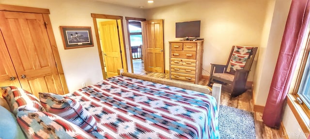 bedroom with wood-type flooring and a closet