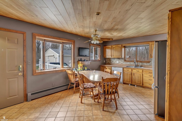 dining area with ceiling fan, baseboard heating, sink, and wooden ceiling