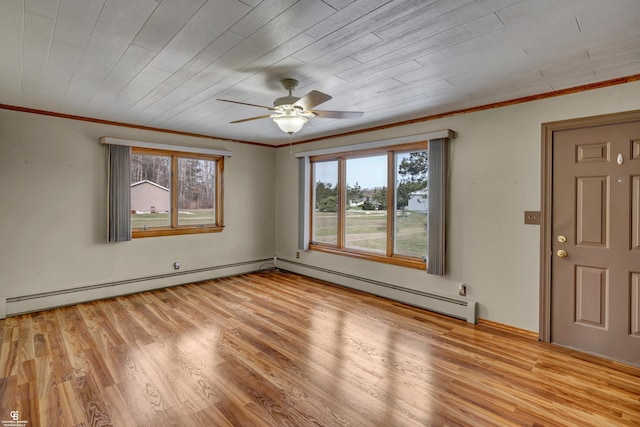 entryway featuring ceiling fan, ornamental molding, and light hardwood / wood-style floors