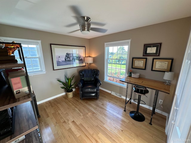 living area featuring a wealth of natural light, light hardwood / wood-style floors, and ceiling fan