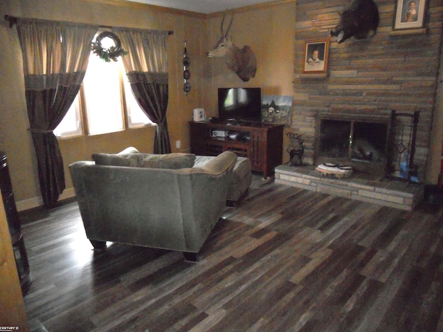 living room featuring a stone fireplace and dark hardwood / wood-style flooring