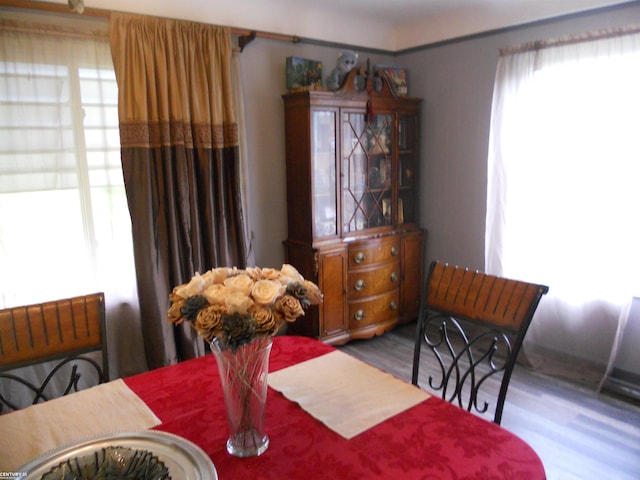 dining space featuring wood-type flooring