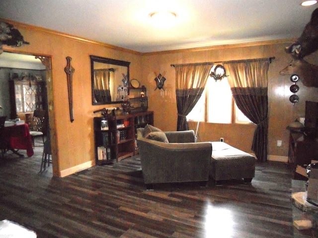 living room featuring ornamental molding and dark hardwood / wood-style flooring