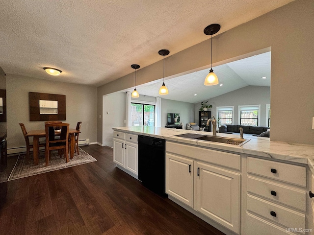 kitchen featuring white cabinetry, dishwasher, dark hardwood / wood-style flooring, lofted ceiling, and sink