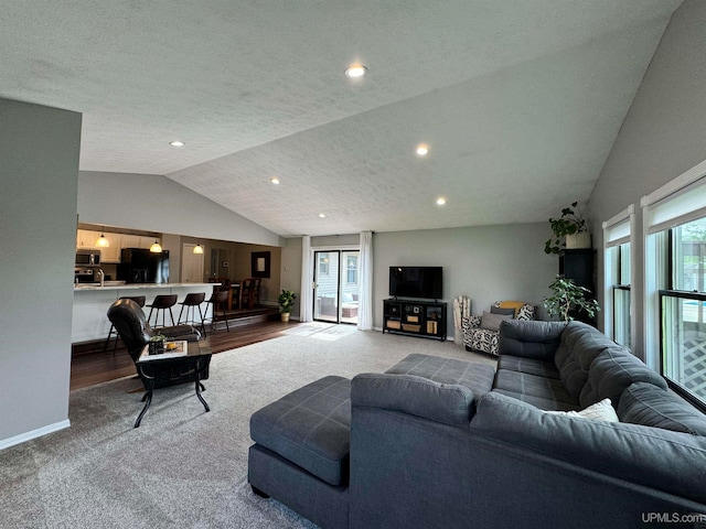 living room with lofted ceiling, hardwood / wood-style flooring, plenty of natural light, and a textured ceiling