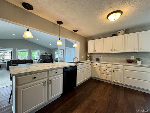 kitchen featuring kitchen peninsula, white cabinetry, dishwasher, dark hardwood / wood-style flooring, and decorative backsplash