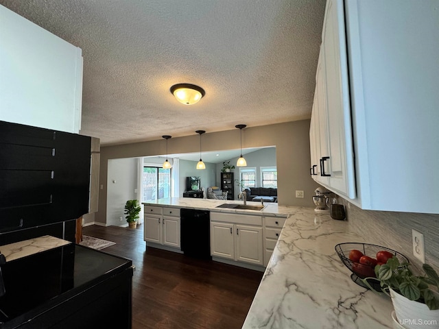 kitchen with white cabinets, sink, kitchen peninsula, dishwasher, and dark hardwood / wood-style flooring