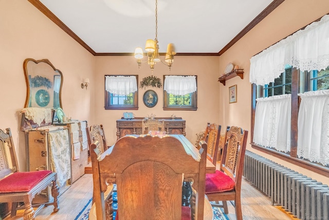 dining room with ornamental molding, light wood-type flooring, a notable chandelier, and radiator