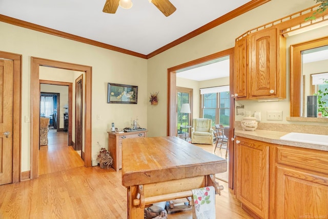 dining area with ornamental molding, light wood-type flooring, and ceiling fan