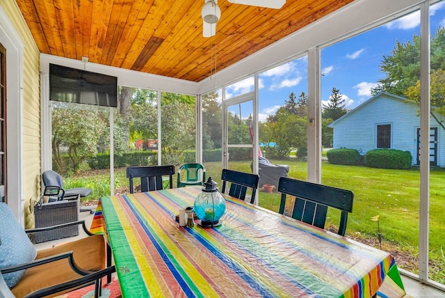 sunroom with ceiling fan and wooden ceiling