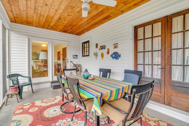 sunroom featuring a healthy amount of sunlight, ceiling fan, wooden ceiling, and french doors