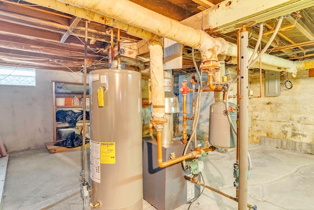 interior space with water heater and electric panel