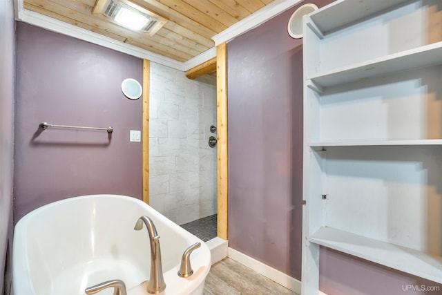 bathroom with separate shower and tub, crown molding, hardwood / wood-style floors, and wooden ceiling