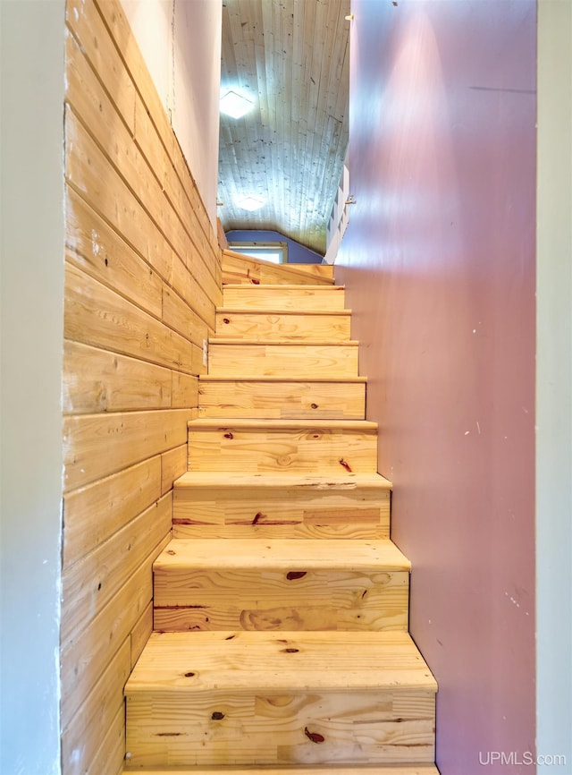 staircase featuring wooden walls