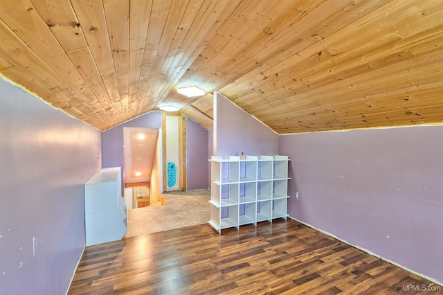 additional living space with wood ceiling, lofted ceiling, and hardwood / wood-style floors