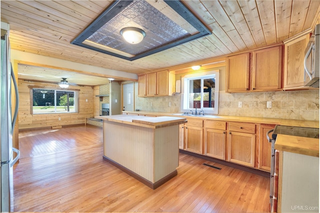 kitchen with ceiling fan, wood ceiling, butcher block countertops, a center island, and light hardwood / wood-style floors