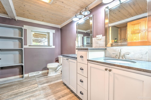 bathroom with vanity, wood ceiling, toilet, ornamental molding, and hardwood / wood-style floors