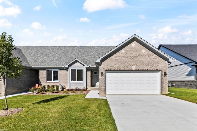 ranch-style house featuring a garage, a front yard, brick siding, and driveway