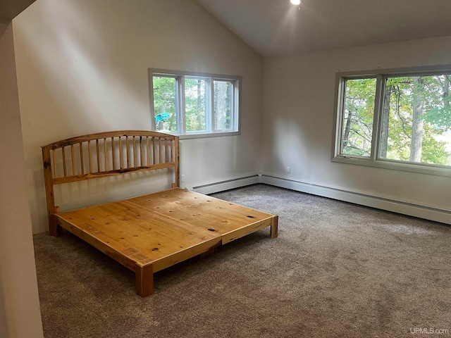 carpeted bedroom featuring high vaulted ceiling, a baseboard heating unit, and multiple windows