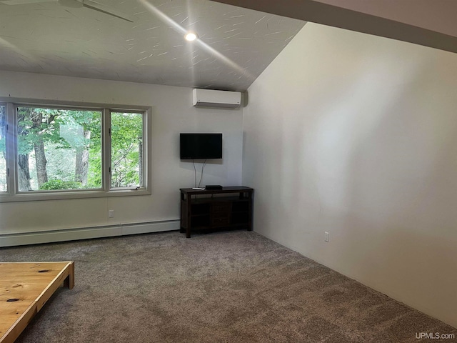 unfurnished living room featuring lofted ceiling, baseboard heating, carpet flooring, and a wall mounted AC