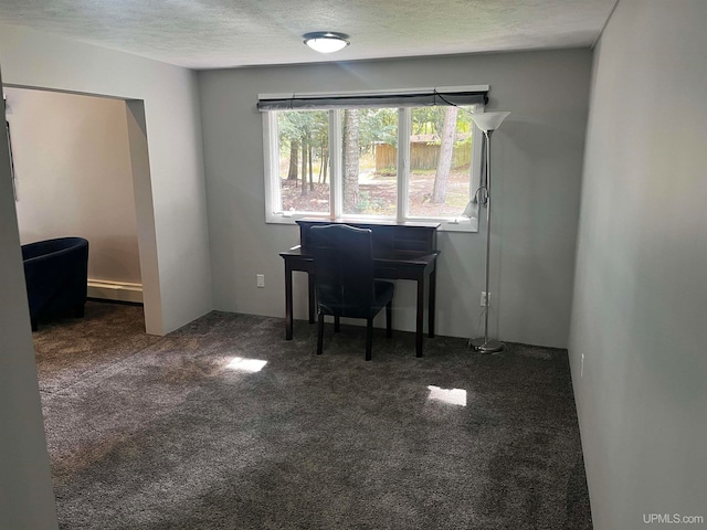 interior space with a textured ceiling and baseboard heating