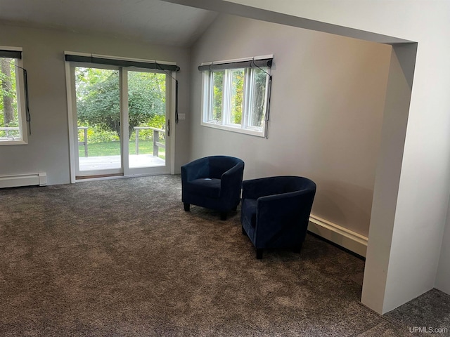 sitting room featuring dark carpet, vaulted ceiling, and baseboard heating