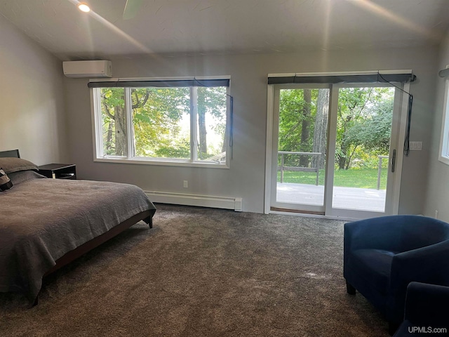 bedroom with carpet, access to outside, baseboard heating, and a wall mounted air conditioner