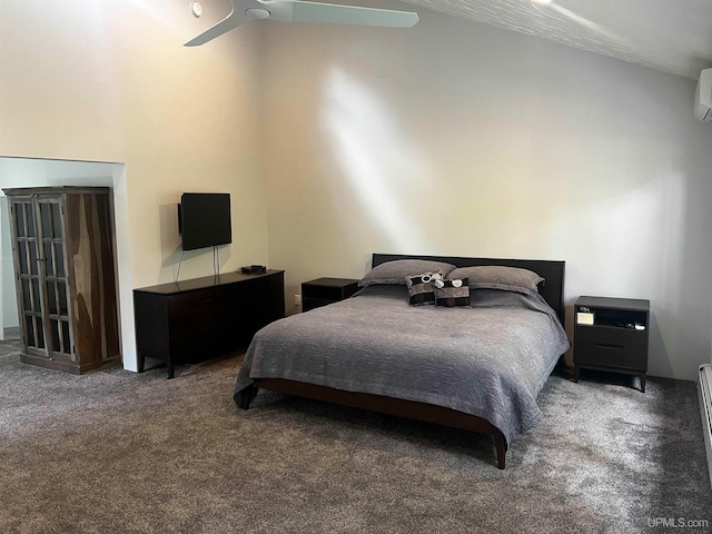 carpeted bedroom with a wall mounted AC, vaulted ceiling, and ceiling fan