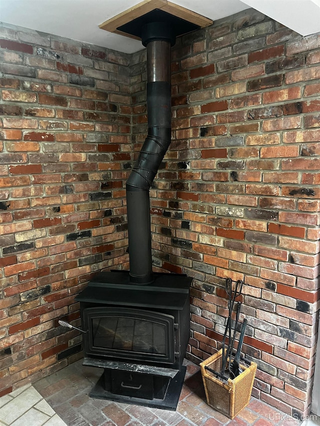 room details featuring a wood stove