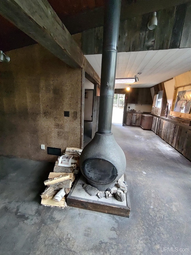 basement with a wood stove