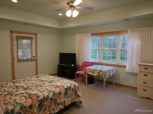 carpeted bedroom with recessed lighting, visible vents, baseboards, and a ceiling fan