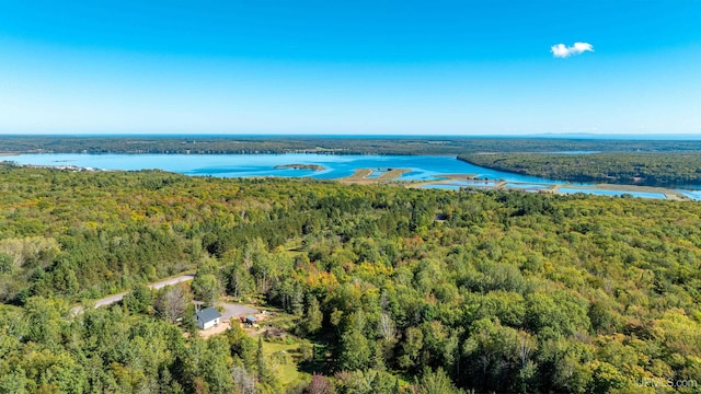 aerial view with a wooded view and a water view