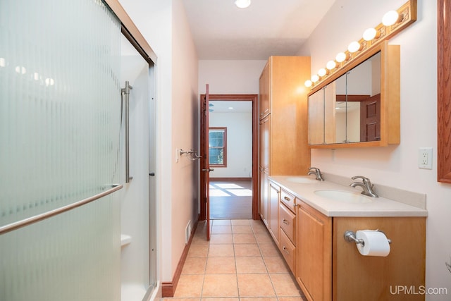 23 Chipman Dr, Ishpeming, MI 49849 - full bathroom featuring double vanity, tile patterned floors, an enclosed shower, and baseboards