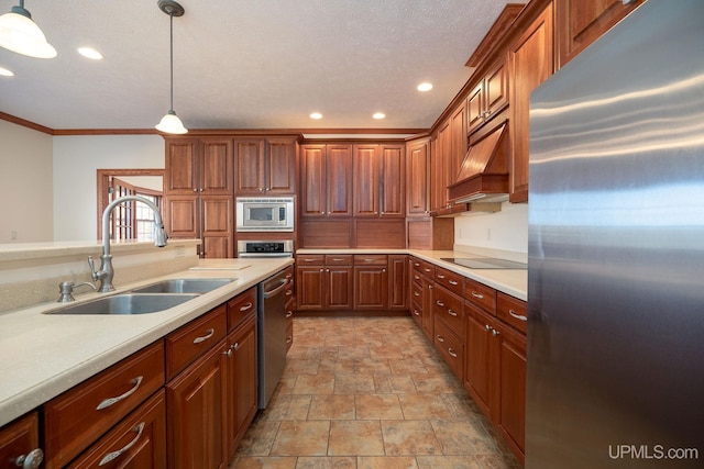 23 Chipman Dr, Ishpeming, MI 49849 - kitchen with appliances with stainless steel finishes, a sink, stone finish flooring, custom range hood, and recessed lighting