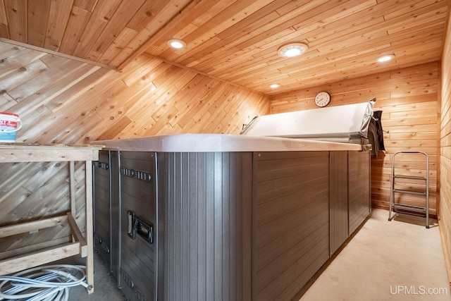 23 Chipman Dr, Ishpeming, MI 49849 - detailed view of wooden walls, wooden ceiling, recessed lighting, and carpet floors