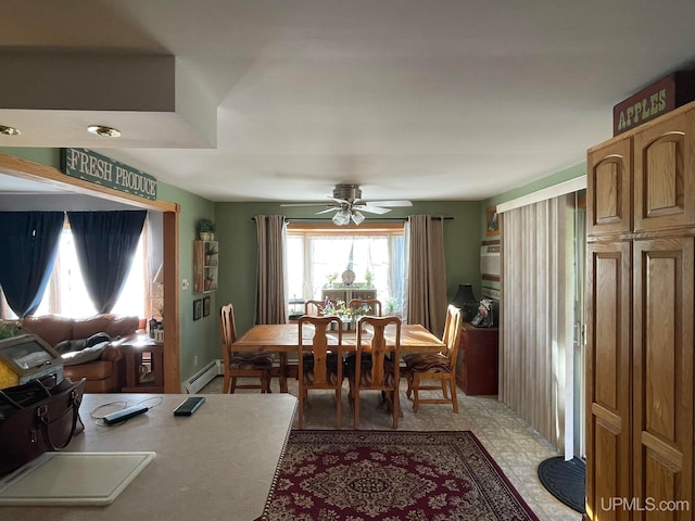 dining room featuring a baseboard radiator and ceiling fan