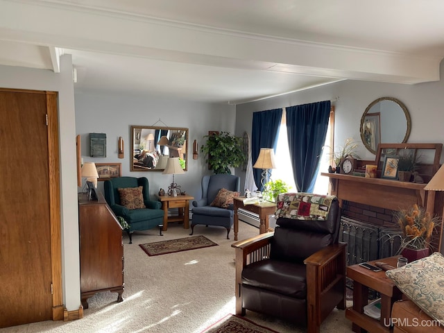 living area with carpet floors, beamed ceiling, and a brick fireplace