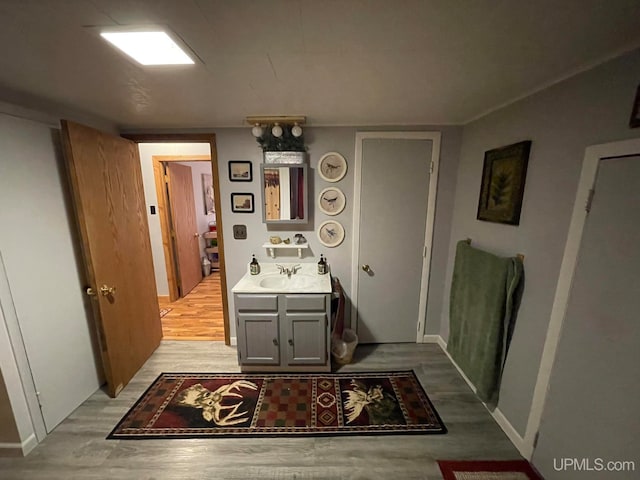 bathroom featuring hardwood / wood-style flooring and vanity