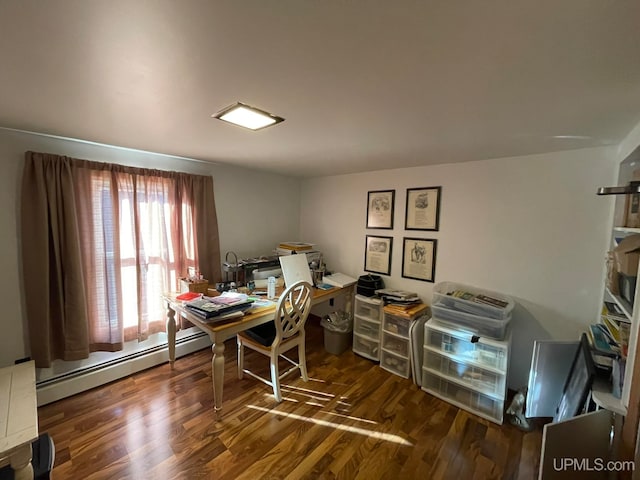 office space with dark hardwood / wood-style flooring and a baseboard heating unit