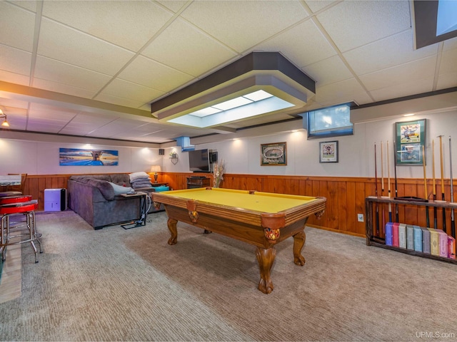 playroom with carpet, pool table, and a paneled ceiling