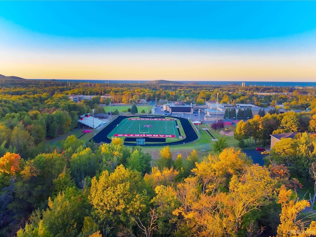 view of aerial view at dusk